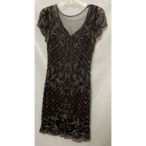 Pisarro Nights Beaded and Sequined Evening Cocktail V Neck Mesh Dress Size 8